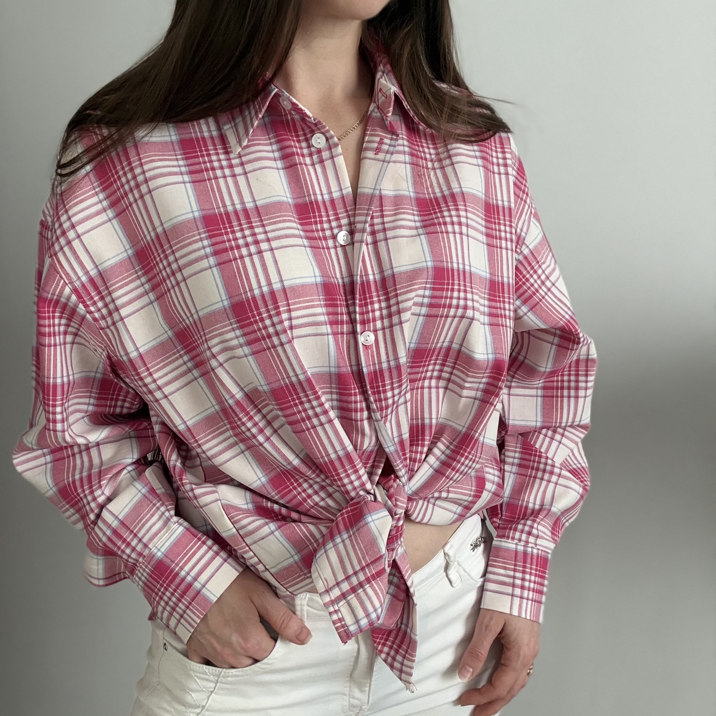 Koszula damska w kratę Oversize Różowo-Biała - Зображення 7