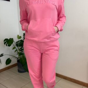 Damski komplet dresowy z bawełny z kapturem i wypukłym napisem (kolor różowy / candy pink)