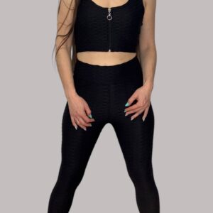 Damski komplet sportowy bąbelkowy — Top na zamek i legginsy — Czarny Push-Up