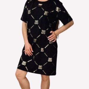 Bawełniana sukienka t-shirtowa oversize z geometrycznym wzorem — Czarna — Rozmiar Uniwersalny