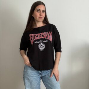 Damski T-shirt oversize z nadrukiem Manchester — Czarny — Bawełna
