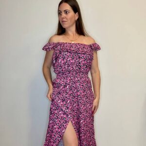 Zwiewna Sukienka Hiszpanka Midi w Drobne Kwiaty – Różowa z Rozcięciem