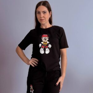 Czarny komplet bawełniany damski: T-shirt i szorty z nadrukiem Mickey